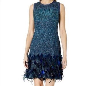 Elie Tahari Lyra Shift Dress Teal-Blue Sleeveless Feather Hem Mini Dress Luxury